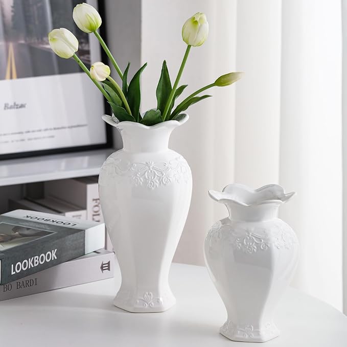 Relievo Elegant White Cream 8in 11in Ceramic Flower Tall Aesthetic Beige Table Tulip Wide Mouth Rose Filler Decorative Rustic Vase Decor for Home (Cream Vase, L)