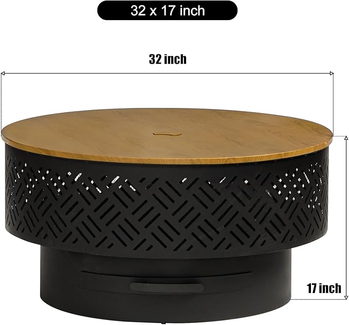 OutVue 32" Wood Burning Fire Pits with Grill & Lid, Fire Pit Table for Outside with Waterproof Cover & Fire Poker, Outdoor Firepit with Functions for BBQ,Table and Bonfire