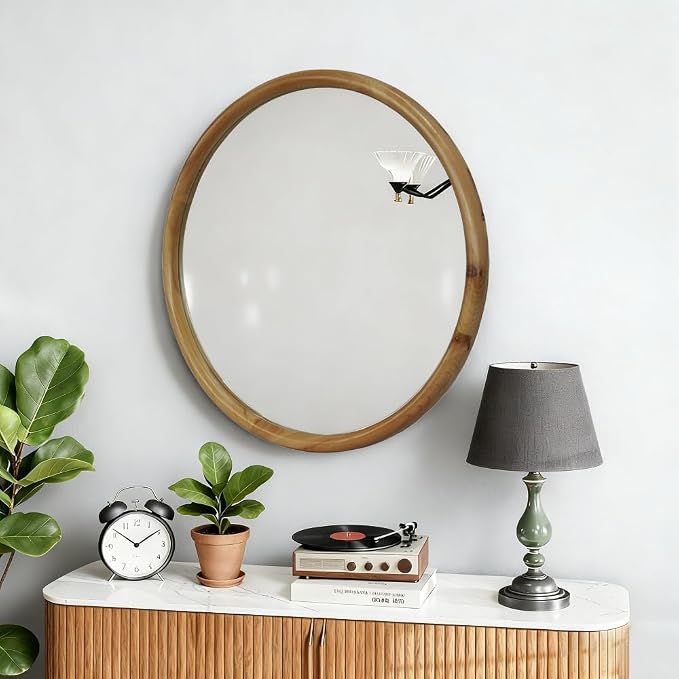 Elountik 35.43 Inch Round Wall Mirror with Natural Wood Frame for Bathroom, Bedroom, Entryway, Mid-Century Modern Decorative Circle Mirror