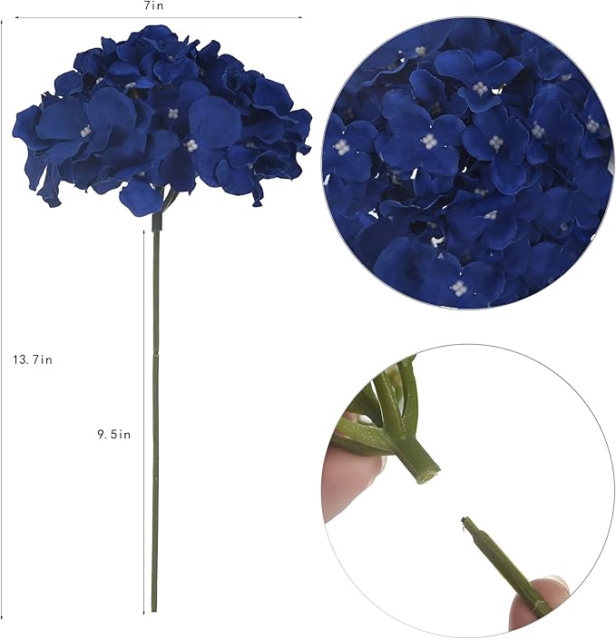 10PCS Silk Hydrangea Heads with Stems Artificial Flowers for Wedding Party Home Decor (Royal Blue)