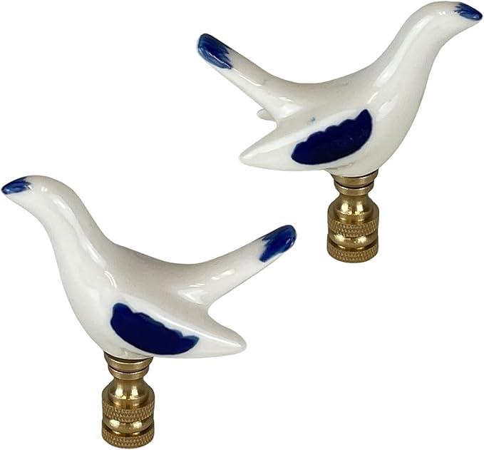 Royal Designs, Inc. Blue & White Porcelain Bird Finial for Lamp Shade, Polished Brass