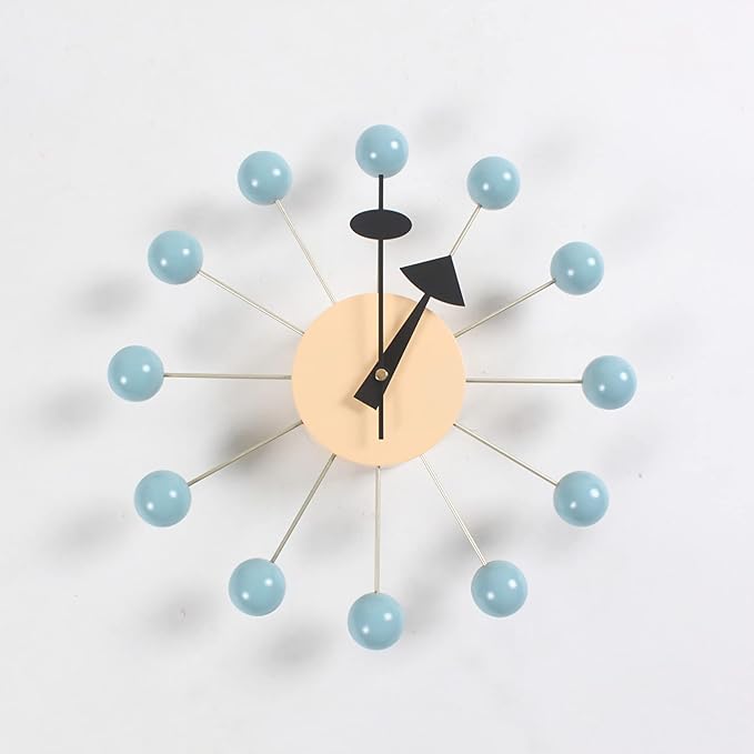 SHISEDECO Mid Century Retro Design Painted Solid Wood Non Ticking Decorative Modern Silent Wall Clocks for Home, Kitchen, Living Room, Office etc. (Ball Clock in Blue)