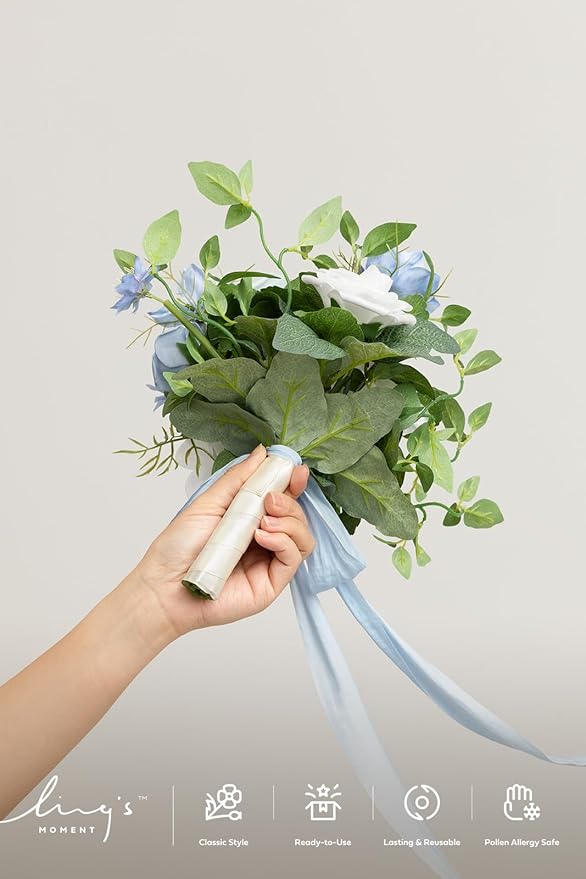 Ling's moment Bridesmaid Bouquet, Blue Wedding Bouquets for Bridesmaids, 7 Inch Bridal Bouquets for Bridesmaids, Wedding, Ceremony, Anniversary, etc.