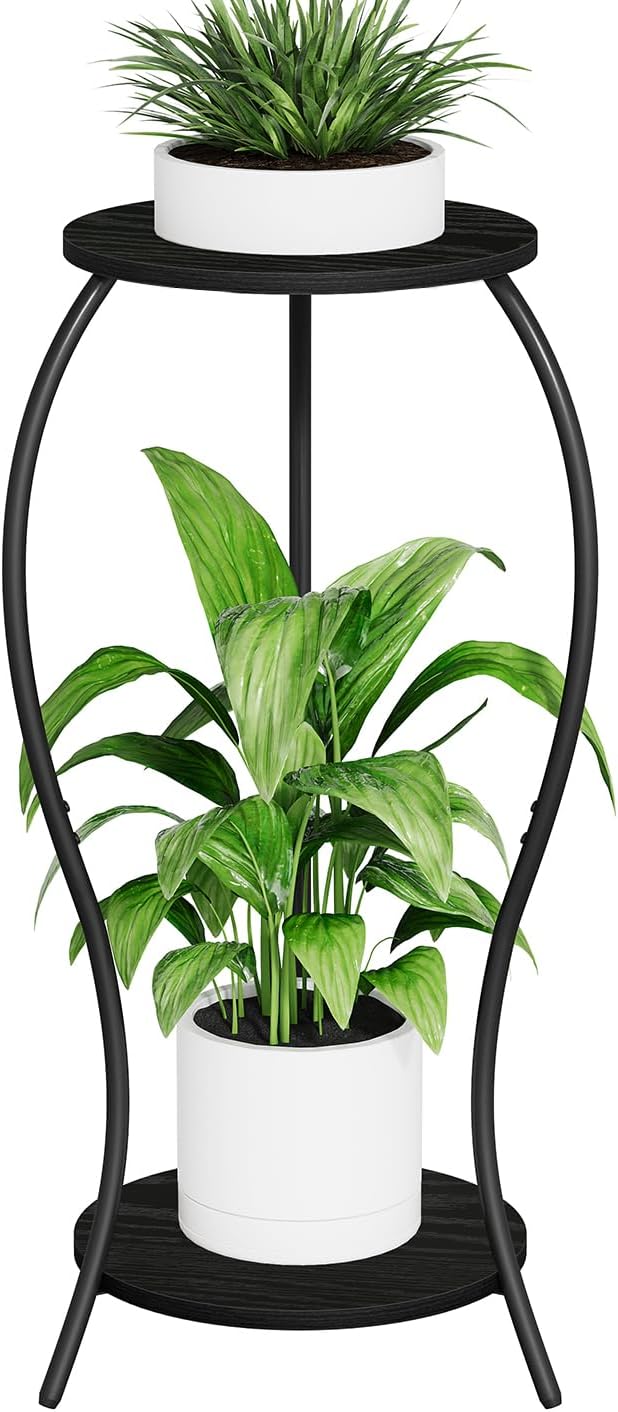 Plant Stand Indoor, 2 Tier Round Tall Plant Stand, Flower Pot Stand, Plant Shelf Rack, Corner Plant Stand for Planter Garden Balcony Patio Living Room, Black