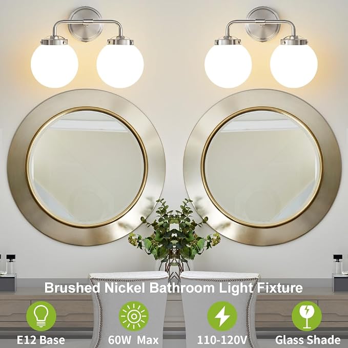Bathroom Light Fixtures Over Mirror, Brushed Nickel Modern Vanity Lighting with Milk White Glass Globe Shades 2-Light Farmhouse Wall Sconce
