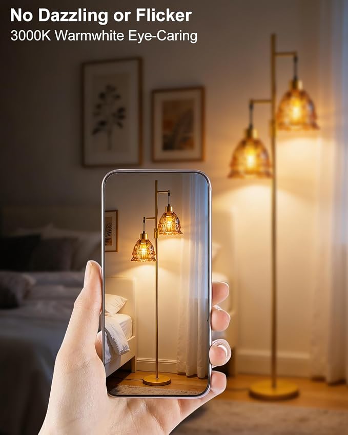 Lightdot 65IN Glass Floor Lamp for Living Room, 2- Light Gold Flower Floor Lamps with Amber Glass Lampshade, 3000K Warm White Modern Standing Tall Lamp with 5Lbs Heavy Base for Bedroom Corner