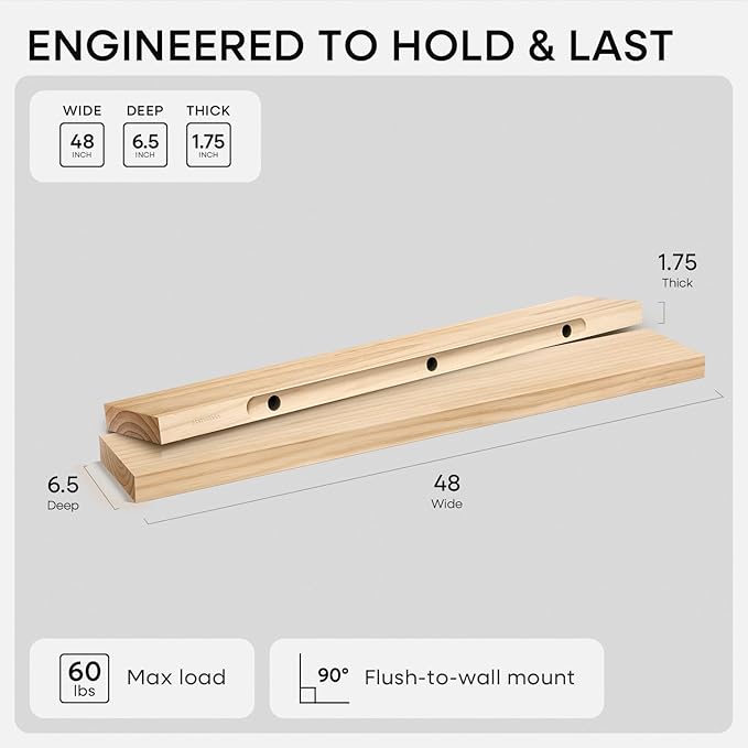 Homeforia 48 inch Natural Floating Shelf, High End Solid Real Wood 48inch Small Floating Shelves for Wall Mounted, Natural Wooden Floating Shelves, Heavy Duty Bracket, 48 X 6.5 X 1.75 in, Set of 2