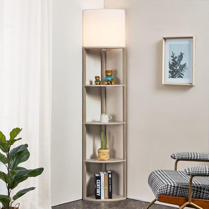 Corner Floor Lamp with Shelves, Tall Corner Lamp with Fabric Shade, Modern Torchiere Lamp for Living Room, Bedroom, Office, Corner Display Shelf with Light, Home Decor