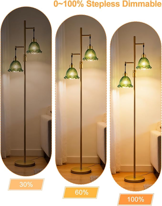 Lightdot 2- Light Gold Flower Floor Lamp for Living Room, 65IN Dimmable Floor Lamps with Green Glass Shade& Warm White Bulbs, Modern Standing Tall Lamp with 5Lbs Heavy Base for Bedroom Home Office