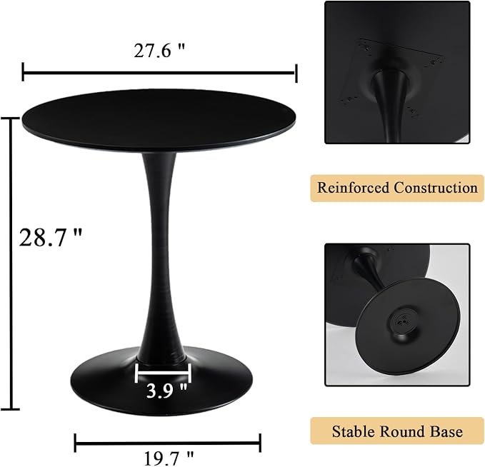 Round Dining Table, 27.6" Tulip Kitchen Round Dining Table for 1-2 People with Metal Pedestal Base and MDF Tables Top, Mid-Century Tables for Home, Dining Room, Cafe, Black