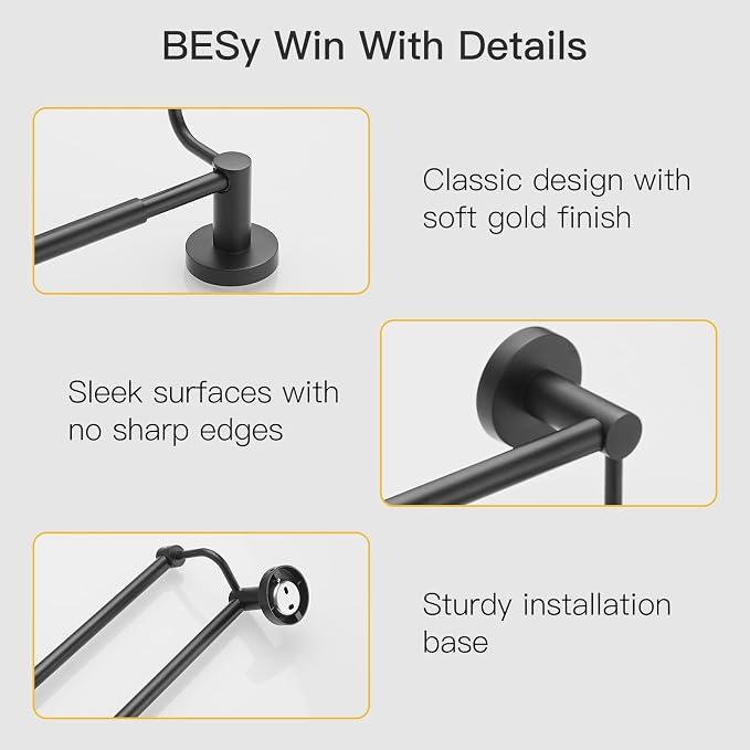 BESy Adjustable 16-26 Inches Double Bath Towel Bar for Bathroom SUS304 Stainless Steel Towel Holder, Hotel Style Wall Mount with Screws Hand Towel Bar Towel Rack Rod Hanger, Matte Black Finish