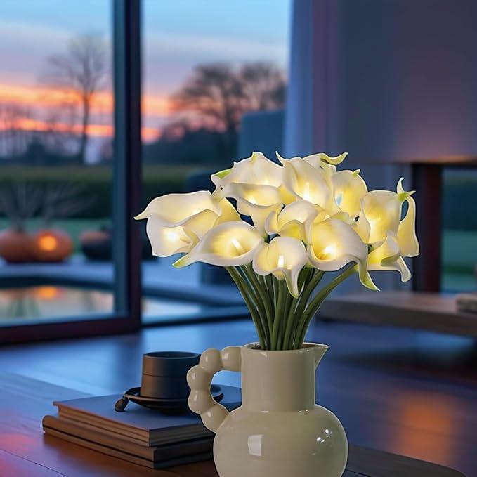 20pcs Lighted Artificial Calla Lily Bouquet Lamp Faux Floarl Night Light Real Touch Flower Night Lamp LED Calla Lily Lighted Artificial Flower for Holiday Gifts Home Kitchen Decor(White)