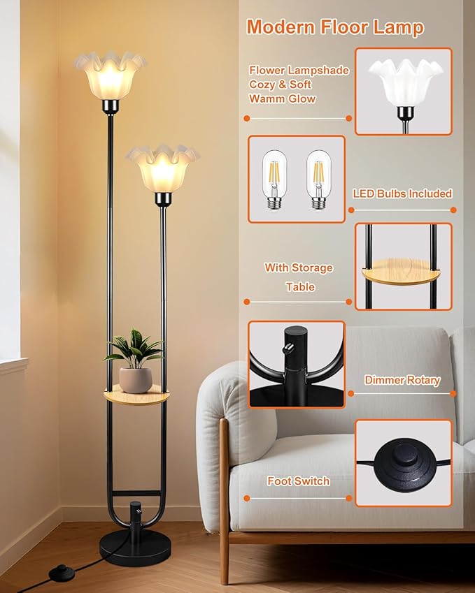Flower Floor Lamps with Table, 2-Lights Floral Floor Lamp Dimmable, 3000K Warmwhite Modern Floor Lamp, Vintage Black Standing Lamp with 5Lbs Heavy Base for Living Room Bedroom Girls Room