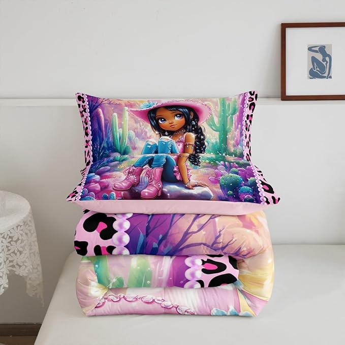 Western Cowgirl Comforter Set King Size,Reversible Cute Girl Cactus American Style Bedding Set All Season Quilt Set,African Pink Leopard Print Plaid Black Microfiber Polyester Down Comforter