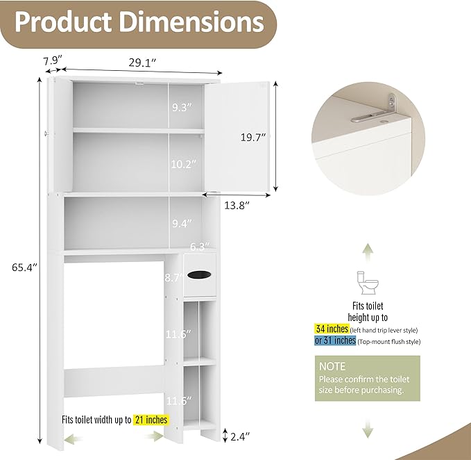 Bathroom Storage Cabinet Over Toilet with Toilet Paper Holder Stand, Freestanding Bathroom Storage Organizer Cabinet Space Saver W/Adjustable Shelf, White