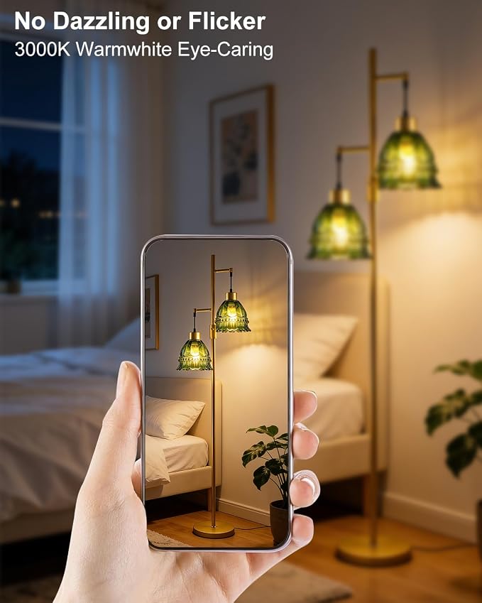 Lightdot 65IN Glass Floor Lamp for Living Room, 2- Light Gold Flower Floor Lamps with Green Glass Lampshade, 3000K Warm White Modern Standing Tall Lamp with 5Lbs Heavy Base for Bedroom Corner