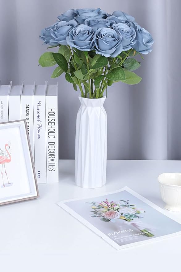Artificial Rose Flower Artificial Flowers Flower with Long Stem Silk Roses Bouquet for Wedding Bridal Shower Party Home Decoration (Dusty Blue, 12 Pcs)