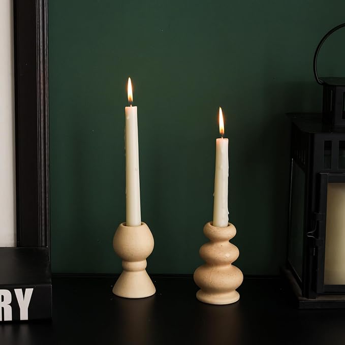 Taper Ceramic Candle Holders, Set of 2 Matte Boho Decorative Candlestick Holders,Table Decor Centerpiece for Home Decor Dinning Wedding Party Aromatherapy Votive (Matte Ivory, Style A)