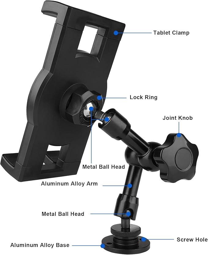 Mippko Heavy Duty Drill Base Tablet Holder, iPad Mount for Truck/Car/Boat/Wall/Desk/Vehicle Dashboard,360° Adjustable Aluminum Alloy Arm Mount Compatible with 7~12.9" iPad/Nexus/Fire HD/e-Book/Switch
