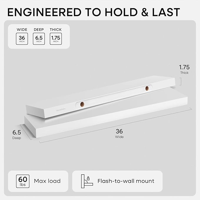 Homeforia White Floating Shelves 36 inch, High End Solid Real Wood 36inch Floating Shelf for Wall Mounted, White Wooden 36in Long Floating Shelves, Heavy Duty Bracket, 36 X 6.5 X 1.75 inches, Set of 4