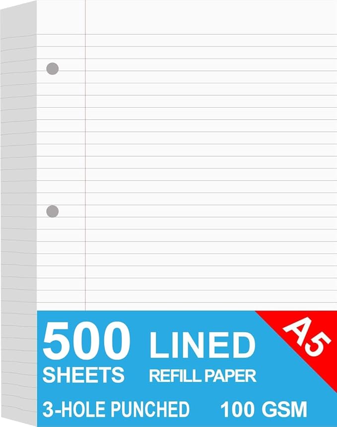 (5-Pack) A5 Filler Paper, 3 Hole Planner Refills, Organizer, Loose-leaf Binder Paper, Total 500 Sheets/1000 Pages, Lined, 100gsm, White, 5.8 x 8.2 Inch, 3 Hole Filler Paper, Mini Binder Refill Inserts