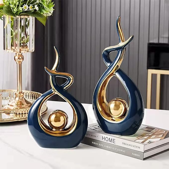 Norrclp Home Decor Modern Abstract Art Ceramic Statue Table Decorations for Dining Room Living Room Office Centerpiece (Blue and Gold, Small), Blue,gold