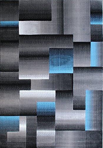 HR 5’ x 7’ Rug in Blue - Premium Quality Blue/Black/Gray Abstract Geometric Modern Squares Pattern Area Rug - Contemporary Styling for Living Room, Bedroom - Unique Home Décor