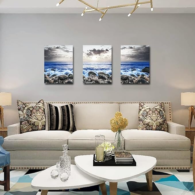 SERIMINO Beach Canvas Wall Art for Living Room, Blue Coastal Wall Decor for Bedroom, Seaside Pictures for Bathroom Wall Decoration, Ocean Painting Set for Office, Home Decor 12"X16"