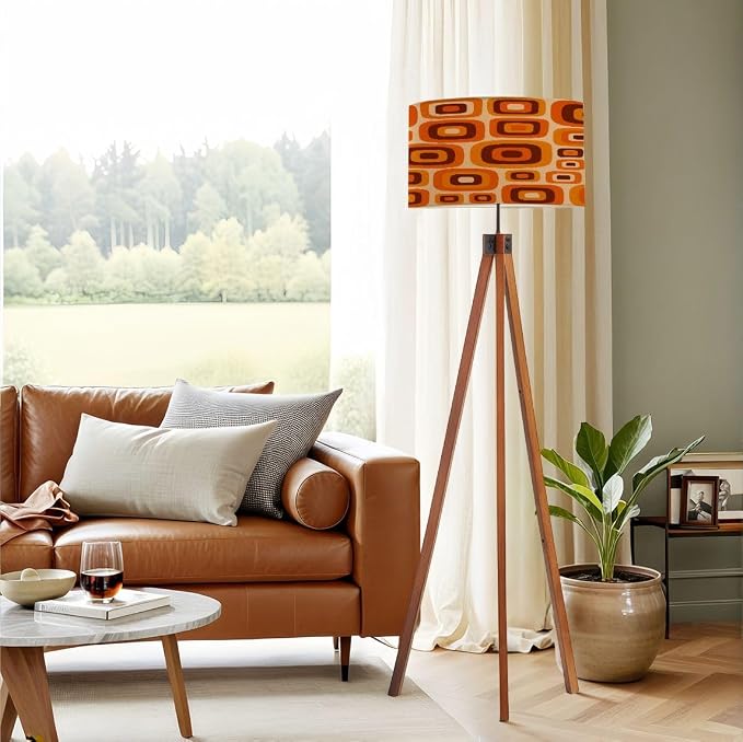 Wood Tripod Floor Lamp 70s Retro Seamless Pattern Orange Brown Yellow Beige 60s 70s Retro Mid Century Standing Lamp Linen Shade Dimmable Modern Tall lamp Home Decor for Living Room Bedroom Office