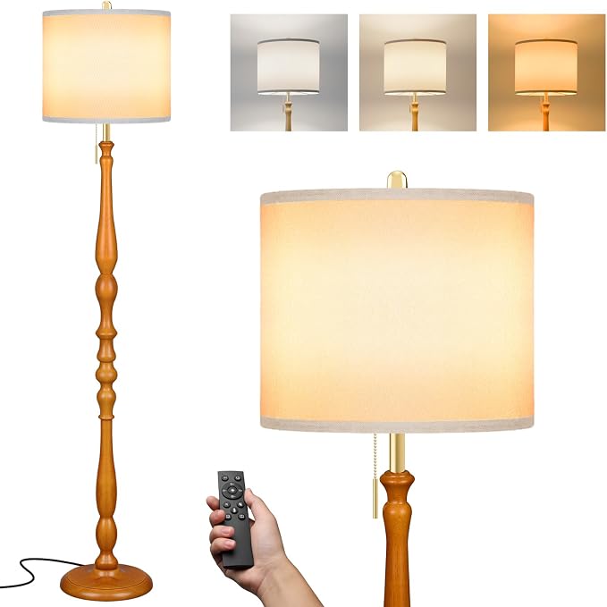 LALISU Wood Floor Lamp for Living Room,Farmhouse Standing Lamp with Remote & Dimmable 9W Bulb, Mid Century Standing Tall Lamps for Bedroom Corner Floor Lamps for Nursery, Office, Reading (Rosewood)