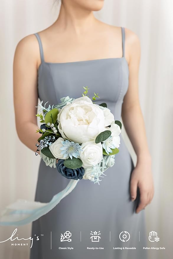 Ling's Moment Artificial Flowers Dusty Blue Bridesmaid Bouquet, Blue & White Wedding Flowers Bouquets for Bridesmaids, 7 Inch Bridal Bouquets for Bridesmaids, Wedding, Ceremony, Anniversary, etc