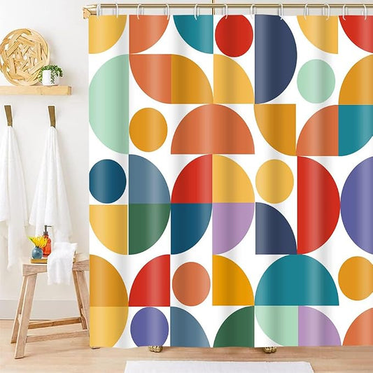 Colorful Rainbow Geometric Shower Curtain Mid Century Modern Abstract Art Bathroom Curtain Decor 72x72 Inch Washable Fabric Bright Boho Circle Patterned Bath Curtain with 12 Hooks