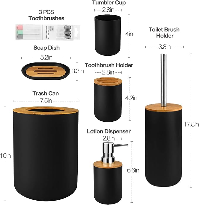 Hommtina Bamboo Bathroom Accessory Set, 6 Pcs bathroom essential Includes Toothbrush Cup, Toothbrush Holder, Soap Dispenser, Soap Dish, Toilet Brush with Holder, Trash Can, with 3 Toothbrushes (Black)