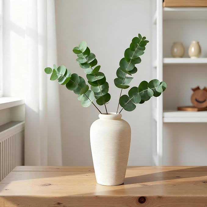 Large Ceramic Vase, 11 inch Minimalist Vase for Home Decor, Handmade Farmhouse Flower Vase for Table Centerpiece, Wedding, Living Room, Kitchen Decoration, Shelf Decor (Rice White)