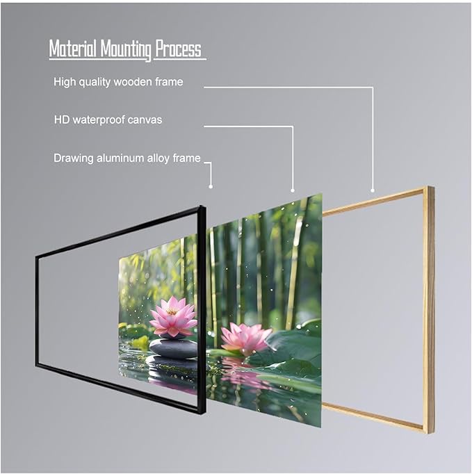 Ethereal pink lotus on obsidian Sunlit bamboo forest with sparkling water drops Poetic nature inspired wall art for tranquil homes and mindful spaces 20x30in Metal blackFramed