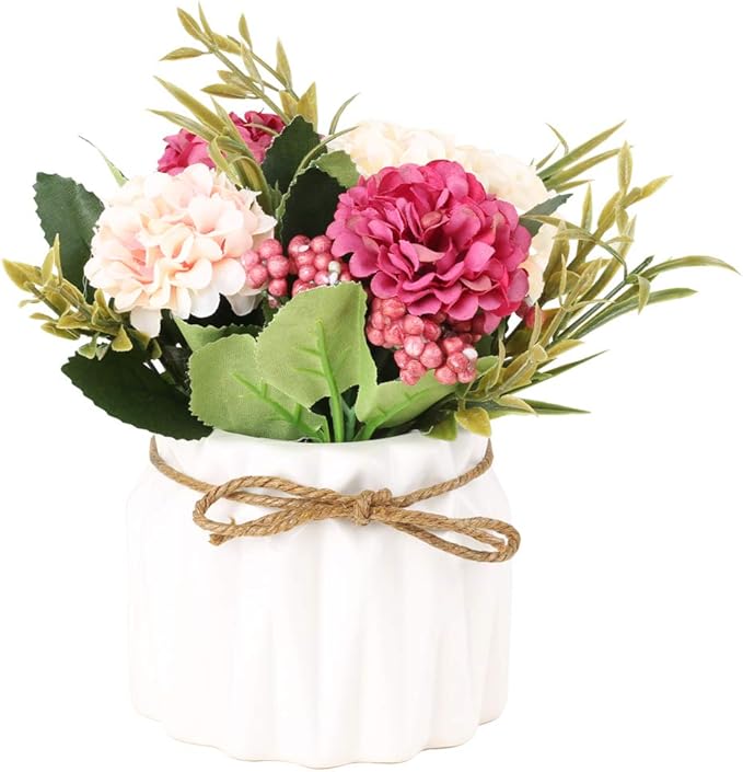 Artificial Hydrangea Bouquet with Small Ceramic Vase Fake Silk Variety Flower Balls Flowers Decoration for Table Home Party Office Wedding (Blue)