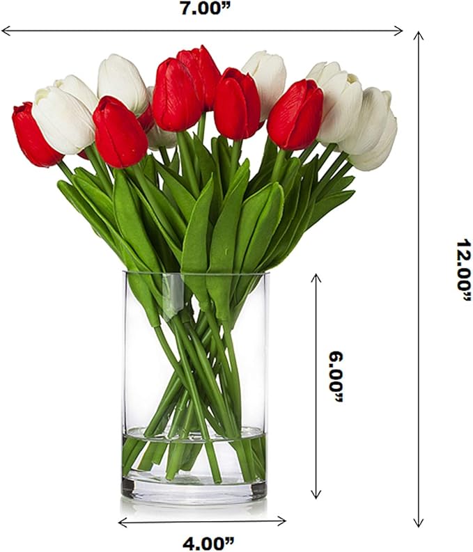 ENOVA HOME 20 Pieces Artificial Real Touch Tulips Flower Arrangement in Glass Vase with Faux Water for Home Decoration (White Red)