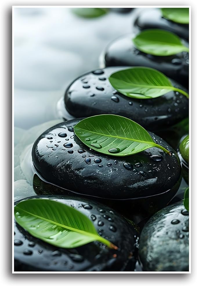 Glittering black stone cluster with fresh green leaves and water drops poster tranquil mist rain wall art zen wall art suitable for modern minimalist home decor 16x24in Frameless