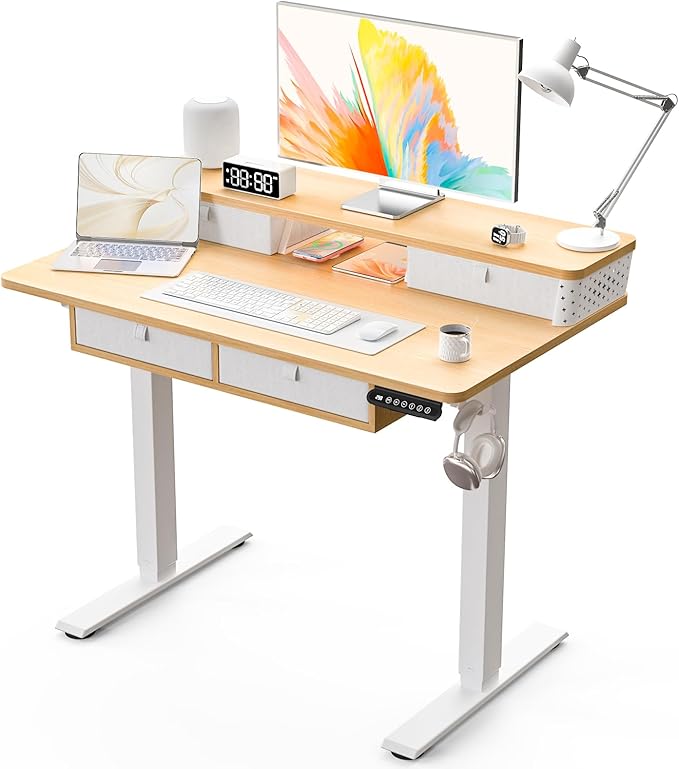 Electric Standing Desk with 4 Drawers 40''x 24'' Small Adjustable Height Sit to Stand Up Desk with Storage Shelf, C-Clamp Mount Compatible Black Home Office Desks Computer Desk Ergonomic Workstation