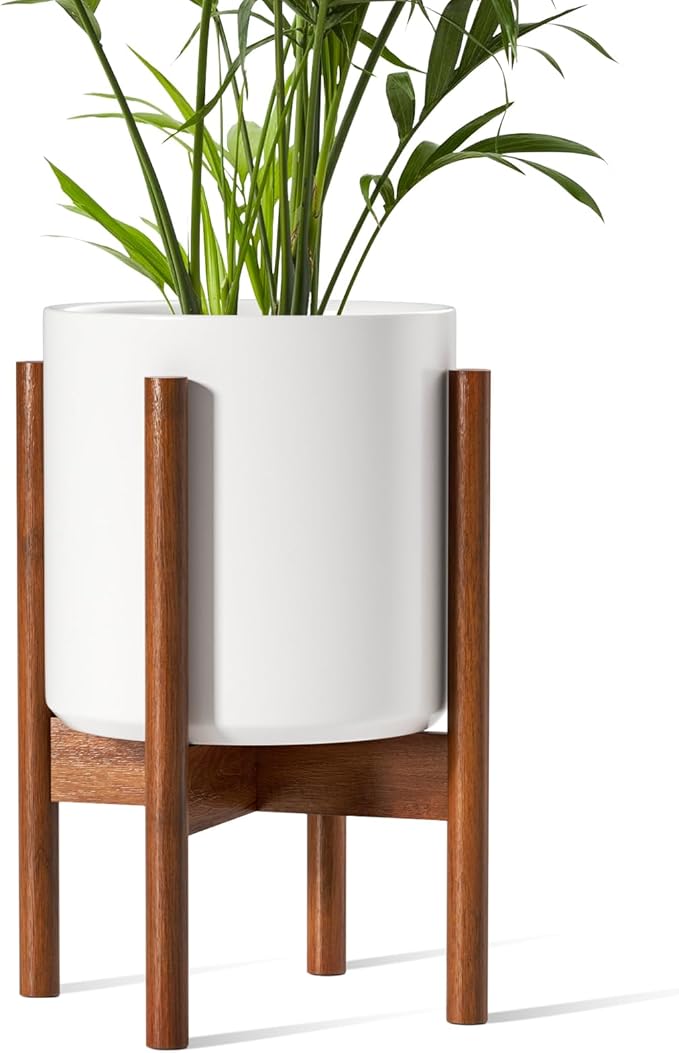 LE TAUCI 10 Inch Planter with Acacia Wood Stand, Ceramic Planter for Indoor Plants with Plant Holder, Mid-Century Modern Home Decor, Round Flower Pots with Drainage Hole, White