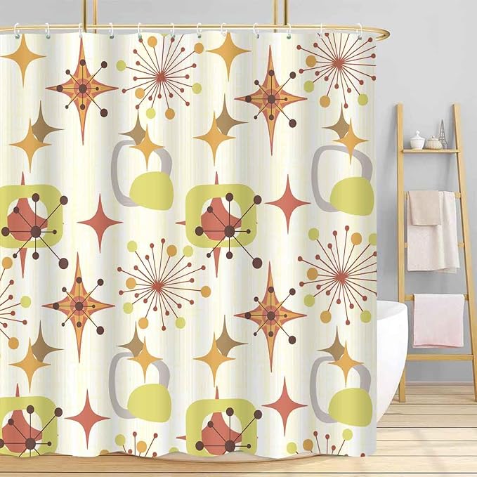 Mid Century Shower Curtain, 72x72inch, Modern Abstract Retro Yellow Striped Geometric Shower Curtain Sets 1950s Boho Bathroom Shower Curtain with 12 Hooks
