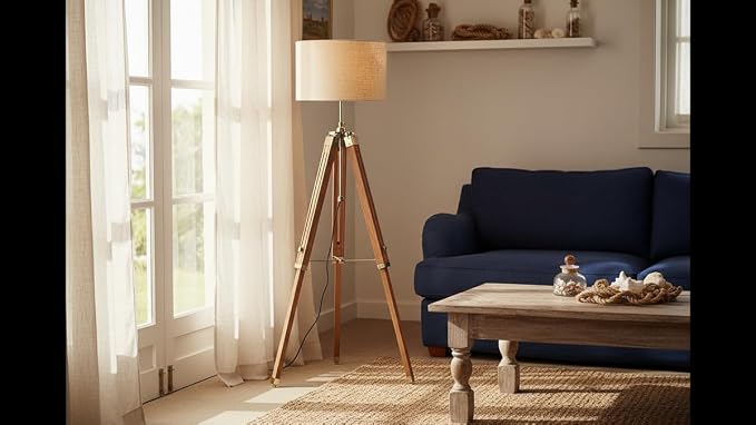 THOR INSTRUMENTS Vintage Classic Teak Wood Tripod Floor Lamp Nautical Floor Home Decor lamp (Lamp Shade is not Included) Rustic Vintage Home Decor Gifts