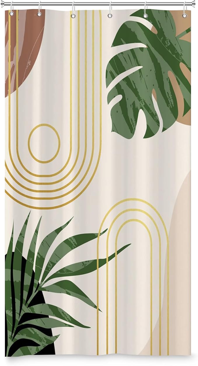 Boho Sage Green Shower Curtain Bohemian Mid Century Geometric Abstract Curve Bathroom Curtain Palm Leaf Polyester Shower Curtain Sets for Bathroom Extra Long 36x72 in with 6 Hooks