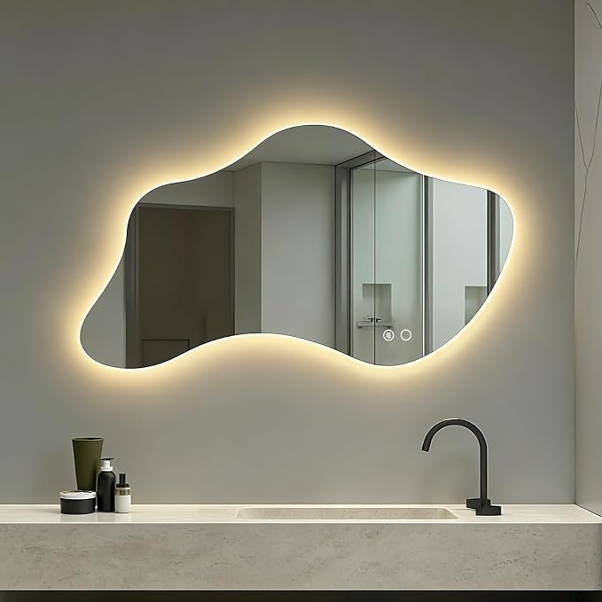 43.3″ Asymmetrical Bathroom Mirror with Lights, LED Irregular Wall Mirror, Abstract Modern Lighted Vanity Mirror for Wall, Anti-Fog, Dimmable, Horizontal/Vertical
