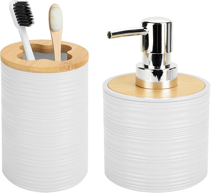 2 PCS White Bathroom Accessories Set, Soap Dispenser and Toothbrush Holder Set, Plastics & Bamboo Bathroom Set, Bohemian Style Bathroom Sink Set