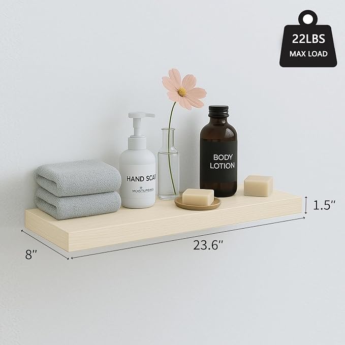 White Oak Floating Shelves for Wall, 24 in Wall Mounted Shelves Perfect for Bedroom, Bathroom, Living Room and Kitchen Decoration Storage（Set of 2）