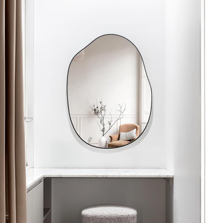 Black Mirror for Bathroom,24"x32" Wood Framed Vanity Mirror,Irregular Oval Wall Mirror Asymmetrical Aesthetic Mirror for Living Room Bedroom Entryway Horizontal/Vertical