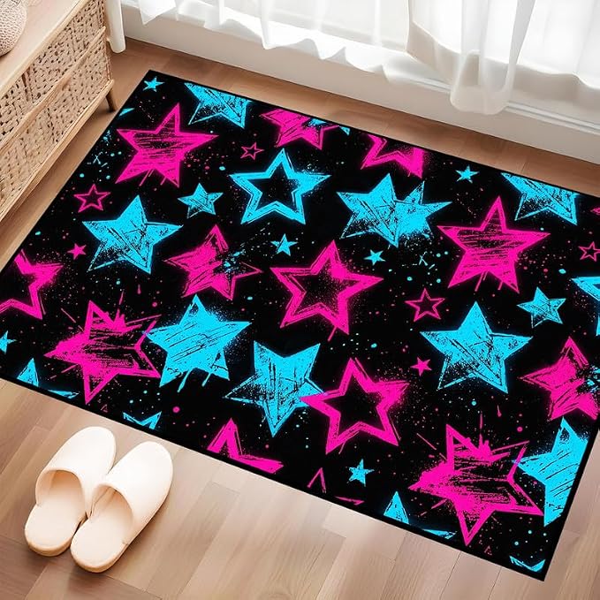 2'x3' Neon Star Area Rug Black Pink and Blue Floor Mat Abstract Star Print Rugs Washable Non-Slip Carpet for Entryway Bedroom Living Room Nursery Kitchen Playroom Home Decor