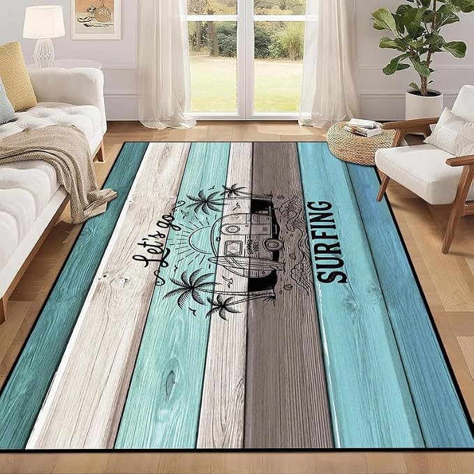 Surfing Area Rug Beach Van Palm Tree Carpet Retro Wood Grain Striped Rugs Non Slip Washable Floor Mat for Entryway Bedroom Living Room Nursery Playroom Home Decor,2'x3'