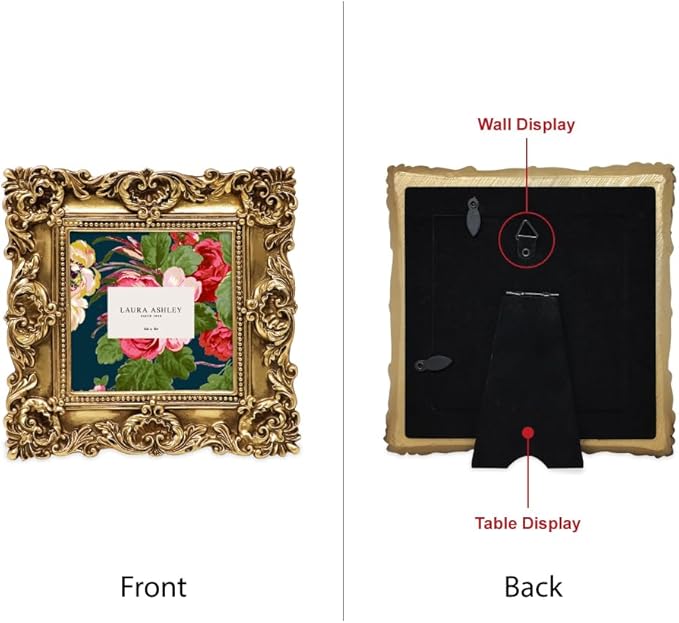 Laura Ashley 4x4 Gold Ornate Textured Hand-Crafted Resin Picture Frame with Easel & Hook for Tabletop & Wall Display, Decorative Floral Design Home Decor, Photo Gallery, Art, More (4x4, Gold)